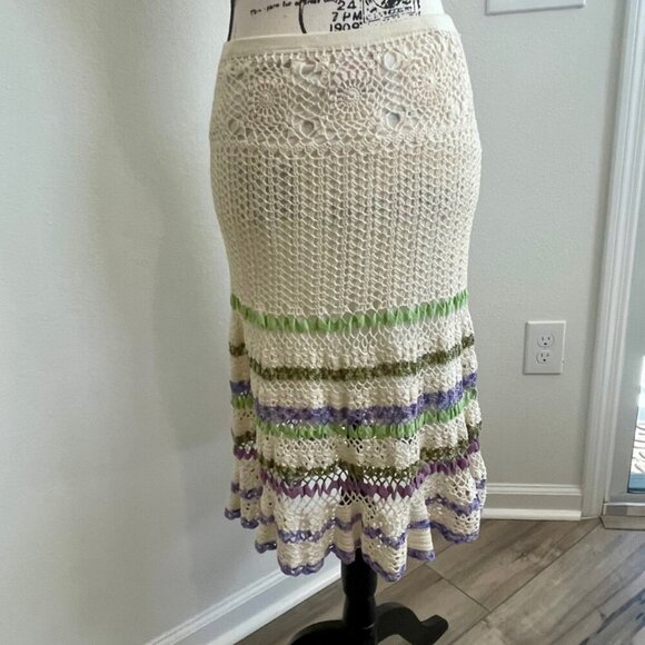 CYNTHIA STEFFE CROCHET SKIRT SZ S BOHEMIAN COTTON TAN LILAC GREEN VERSATILE CHIC - Picture 9 of 16